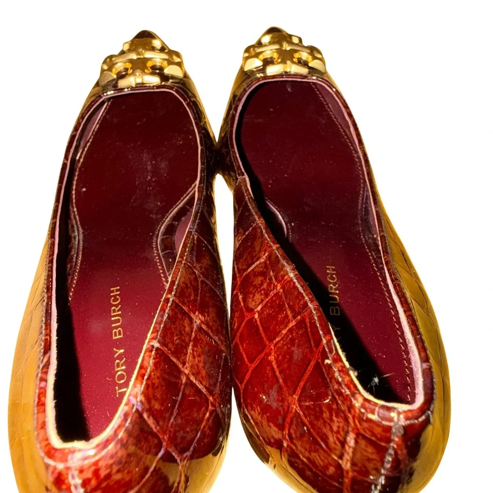 Tory Burch Eleanor Womens 6.5M Pre-Owned Heels Burgundy Croc Embossed Gold Logo